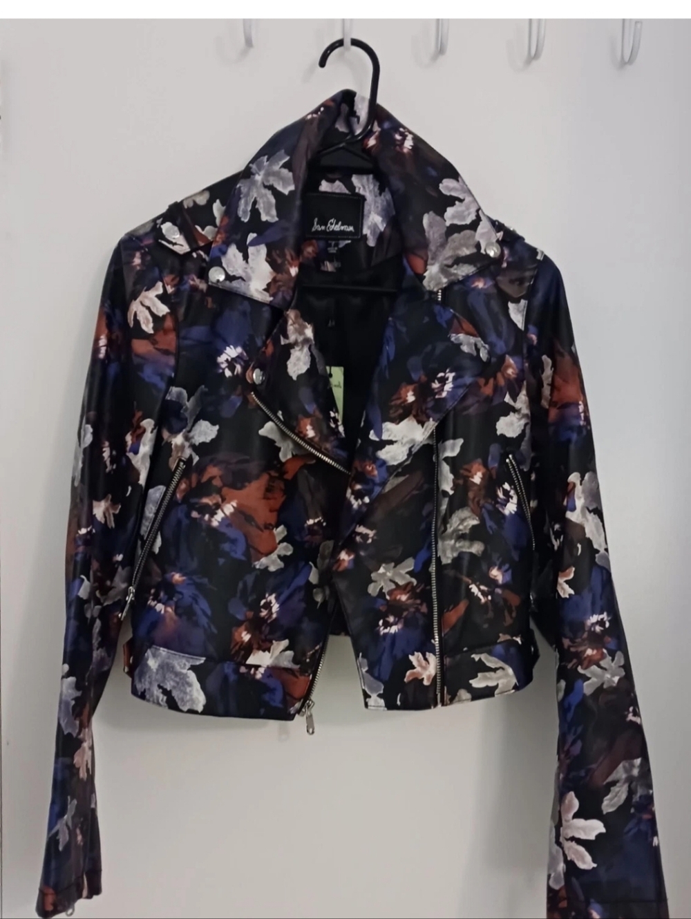 Sam Edelman Black Floral Leather Moto Jacket with Blue & Brown Accents